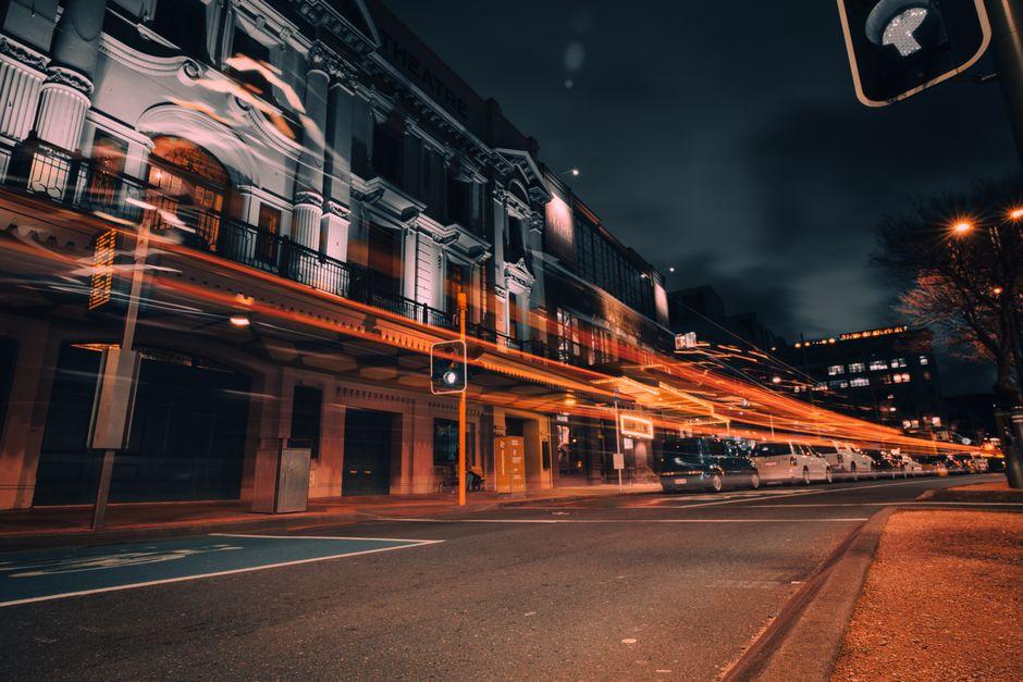 A City Street at Night with a Long Exposure
